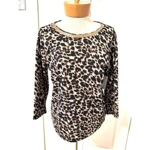 NEW Sweet Violet Womens S Leopard Print Pullover Sweater Top Rhinestone Neck